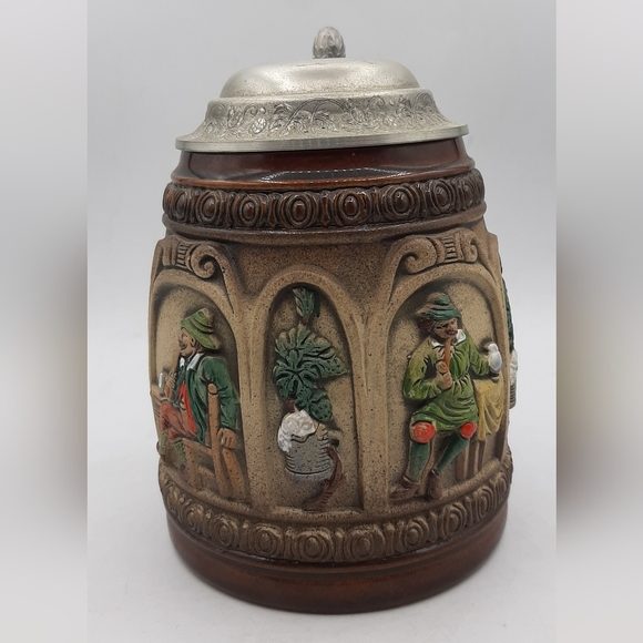 Vintage W. Germany Original Gerzit Beer Stein Moriage Short Stubby Pewter Top - Picture 2 of 8